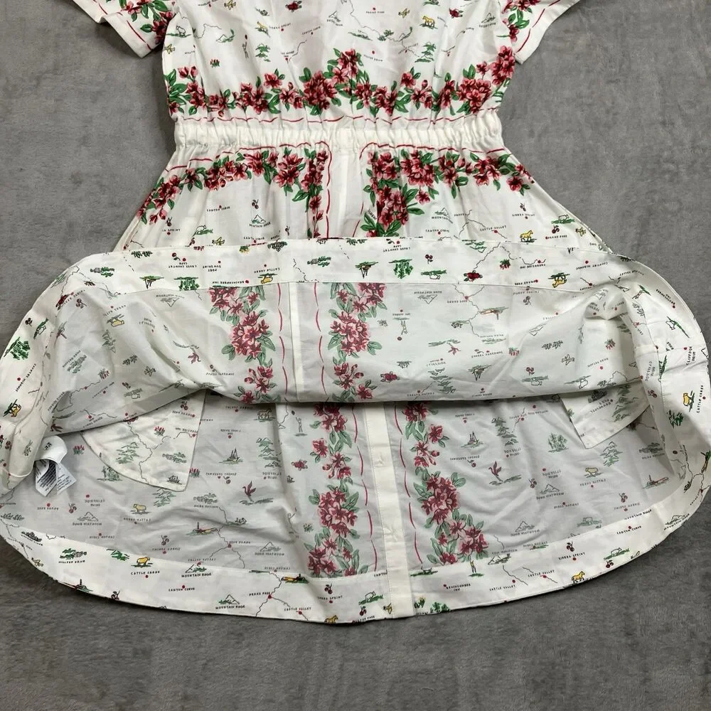 J Crew Map Print Shirt Dress Womens 6 Floral Mini Cotton Poplin Cerise Vacation